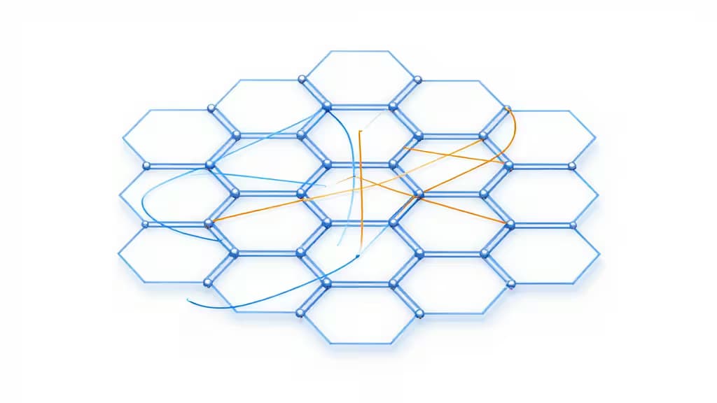Grade hexagonal com linhas azuis e laranjas, simbolizando ferramentas de CI/CD interconectadas para apps Elixir Phoenix.
