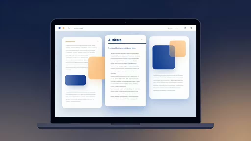 Abstrakcyjna ilustracja laptopa z wireframe'ami landing page generowanymi przez AI, w odcieniach granatu i ciepłego bursztynu