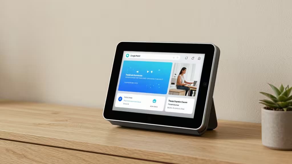 Een Google Home smart display op een houten tafel toont een Matter- en Thread-interface, omringd door smart home-apparaten.