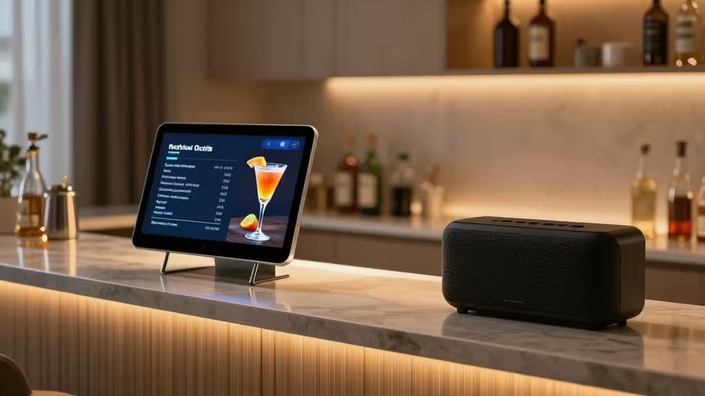 A tablet displaying cocktail recipes sits beside a smart speaker on a marble countertop in a modern home bar.