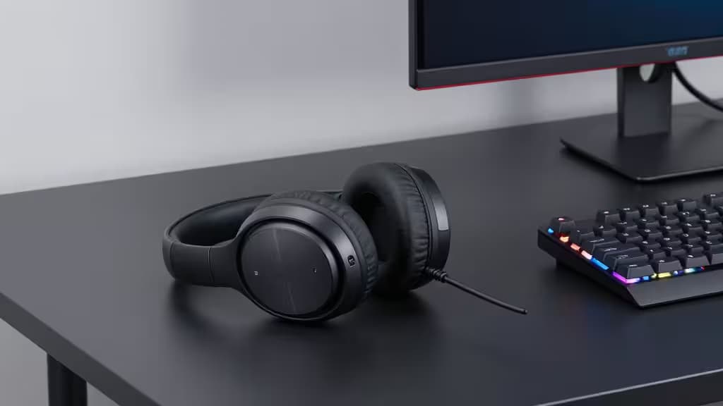 Black wireless gaming headset rests on desk beside RGB keyboard and monitor.