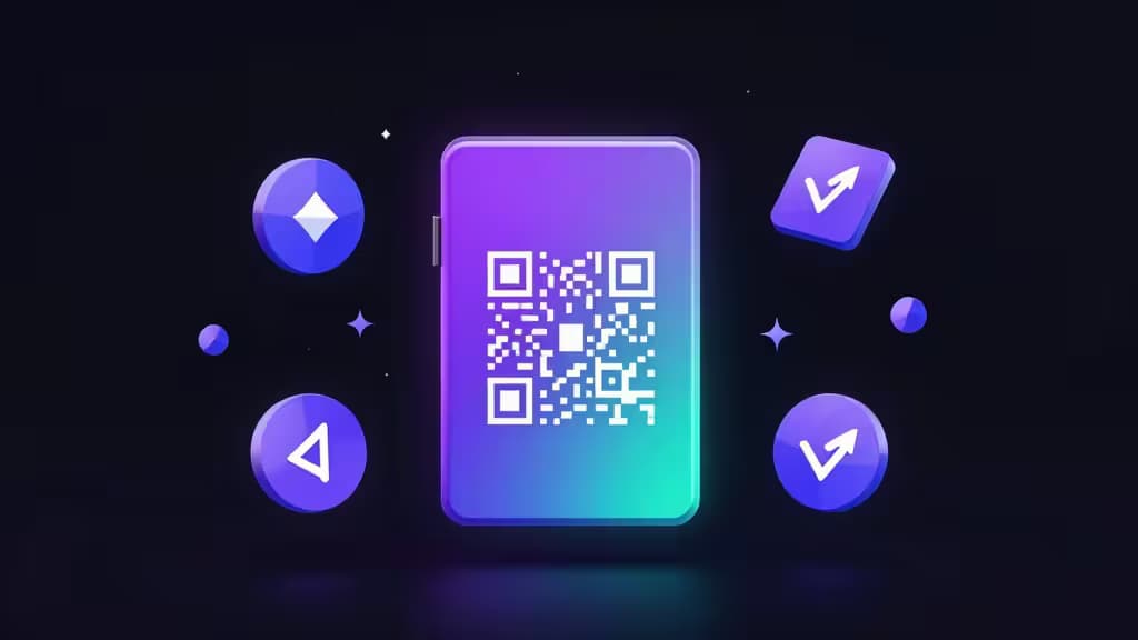 Un hardware wallet viola luminoso mostra un codice QR, circondato da token Solana fluttuanti e icone DeFi su uno sfondo scuro.