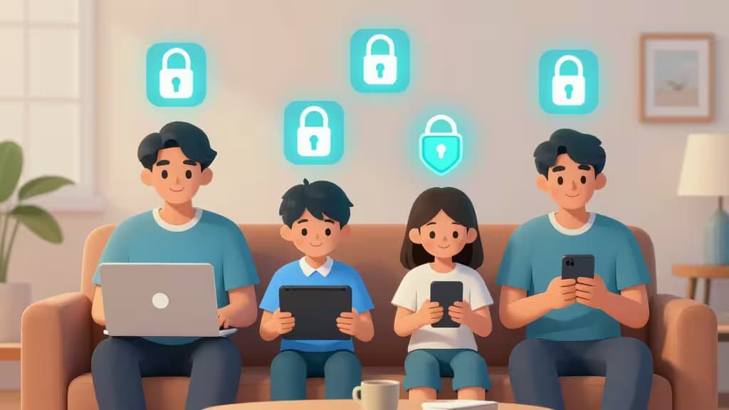Una famiglia di quattro persone utilizza laptop e smartphone su un divano, circondata da icone di lucchetto luminose che rappresentano la sicurezza digitale.