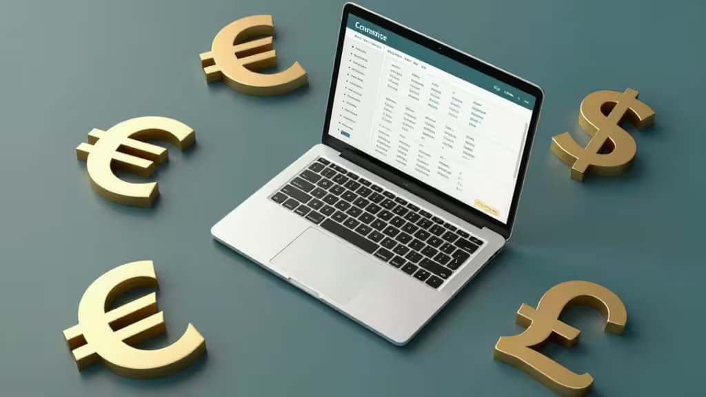 Silver laptop displaying financial data, surrounded by gold euro, dollar, and pound symbols on teal surface.