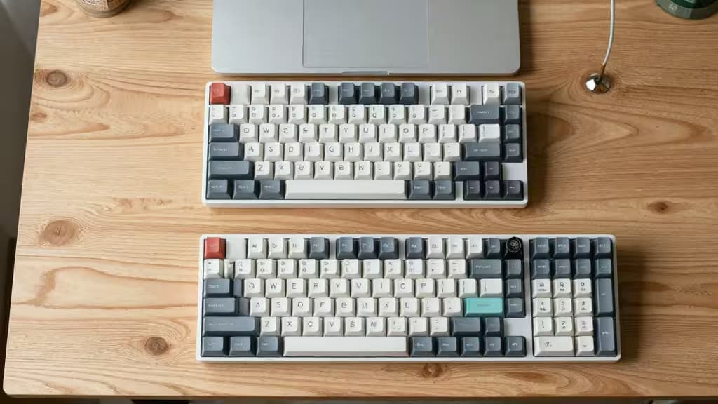 Dwie biało-szare klawiatury mechaniczne z czerwonymi klawiszami ESC na jasnym drewnianym biurku obok laptopa