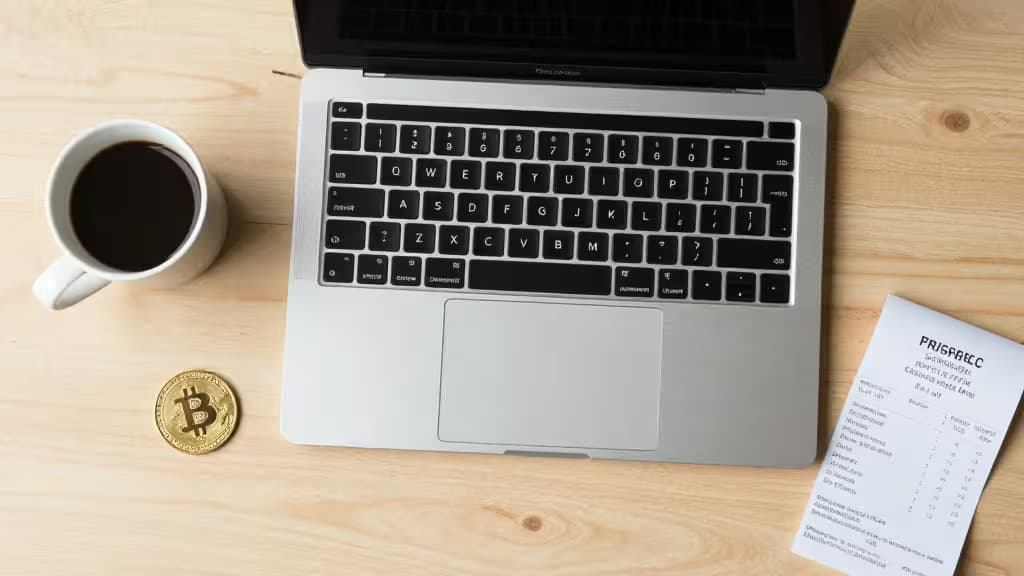A laptop, coffee cup, Bitcoin coin, and receipt on a wooden desk symbolize crypto payments for freelancers.