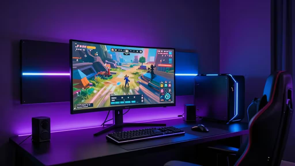 Een gaming setup met een monitor die een kleurrijk spel toont, geflankeerd door speakers en een pc, verlicht door gesynchroniseerde paarse en blauwe RGB‑lampen.