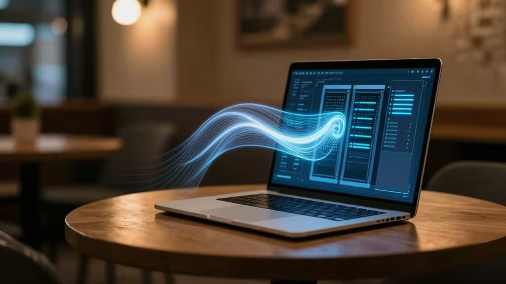 Laptop auf Holztisch mit leuchtenden blauen Datenströmen, symbolisiert sichere Remote-Work-Konnektivität für digitale Nomaden im Ausland.