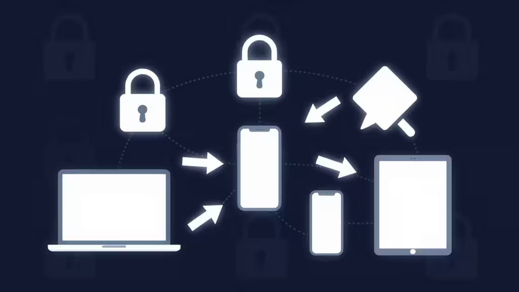 Glowing padlocks connect laptops, phones, and tablets via arrows on a dark blue background.