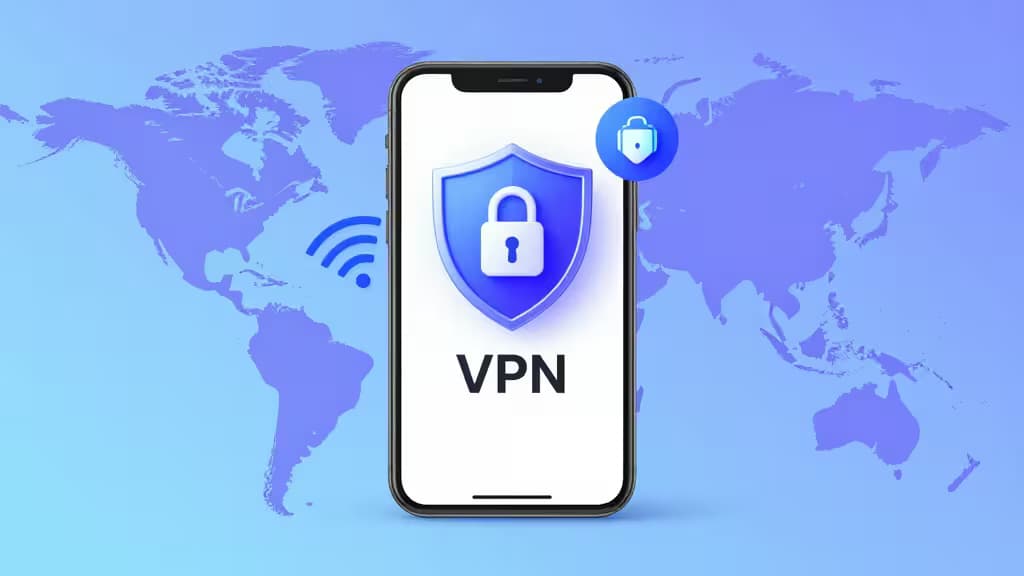 Смартфон с приложением TikTok, над которым парит иконка VPN-щита на фоне карты мира.