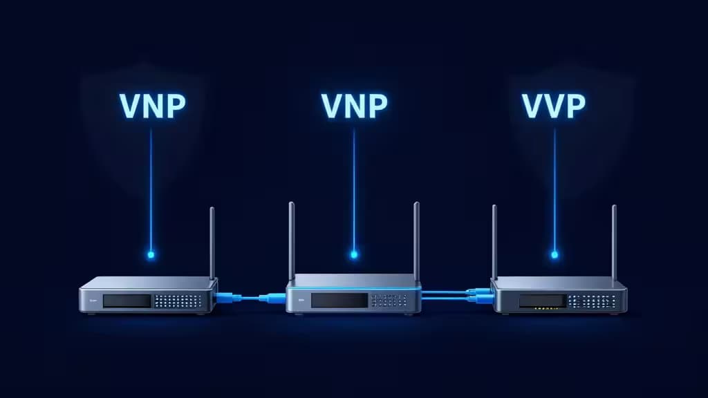 Tres routers elegantes con etiquetas VPN iluminadas conectados por cables azules sobre un fondo oscuro.