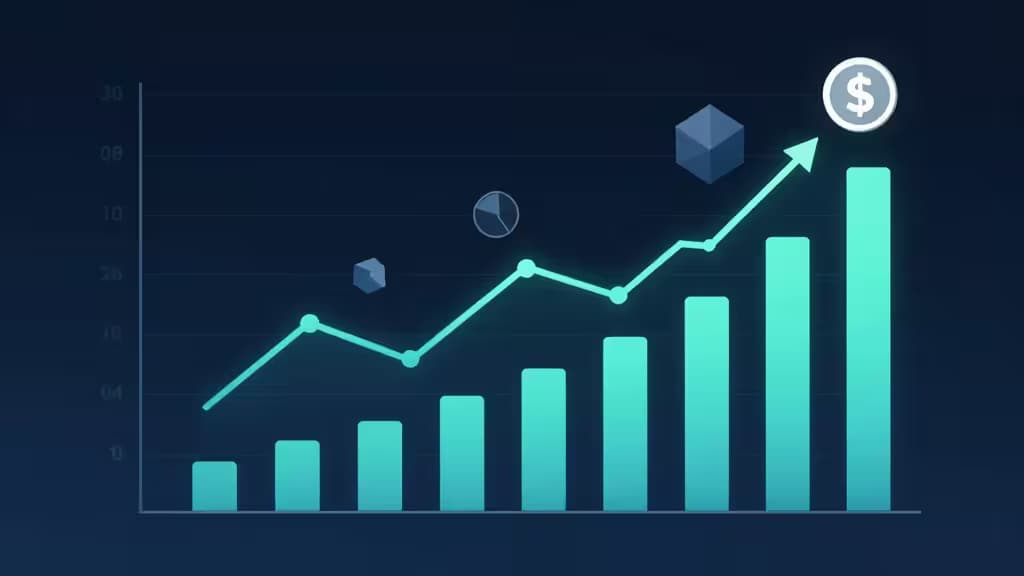 Abstract financial dashboard with upward-trending charts in teal and navy blue tones, representing net worth growth and personal finance tracking.