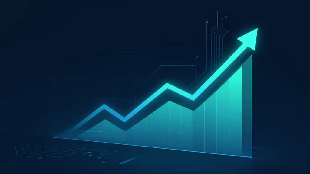Glowing cyan growth chart with circuit lines on dark blue background.