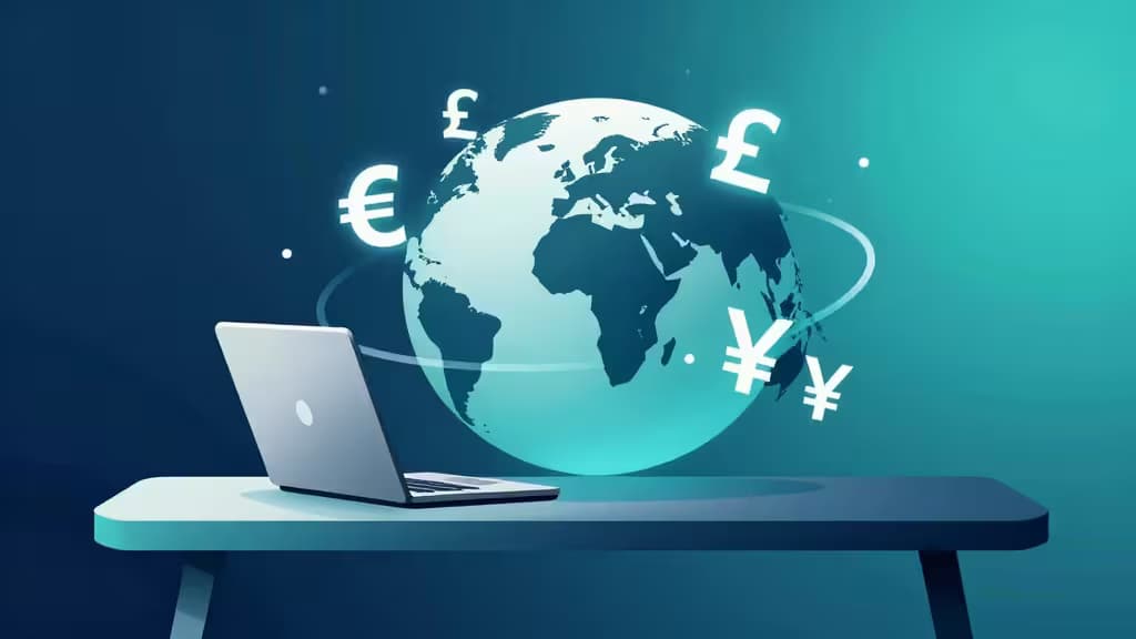Des symboles de devises lumineux orbitent autour d'un ordinateur portable sur un bureau épuré, symbolisant la finance multi-devises mondiale pour les startups internationales.