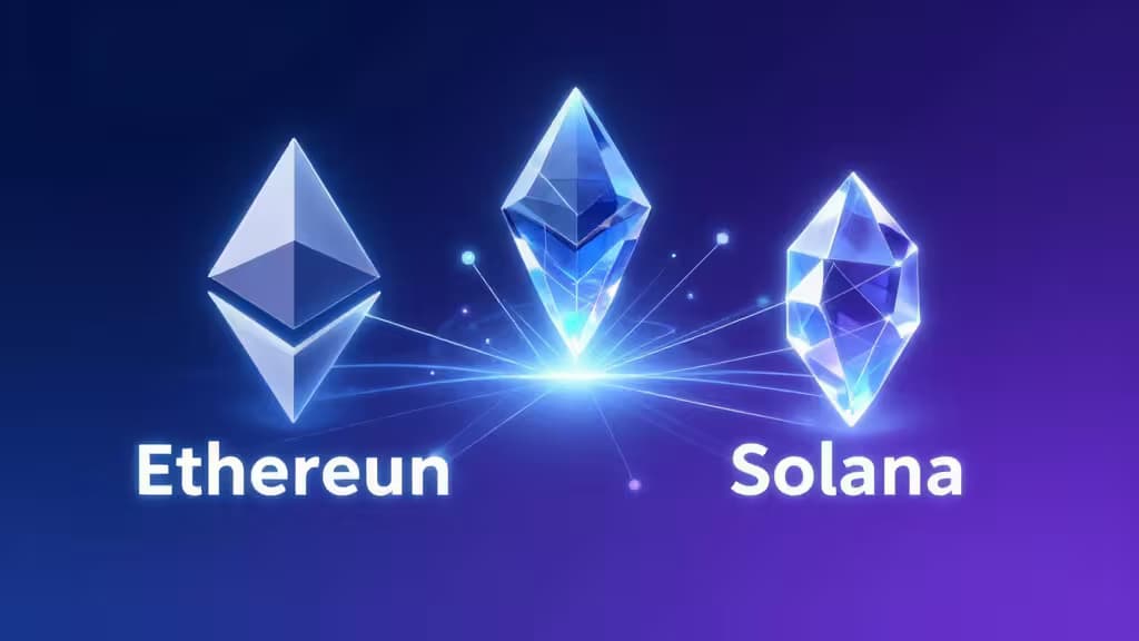 Trzy świecące niebieskie kryształy na gradientowym fioletowo-niebieskim tle, połączone promieniami światła — reprezentacja stakingu Ethereum i Solana.
