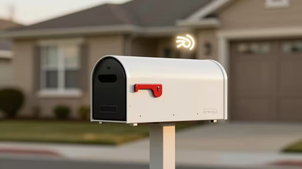 Un boîtier postal blanc avec capteur intégré émet un signal lumineux, indiquant la réception de courrier ou colis.