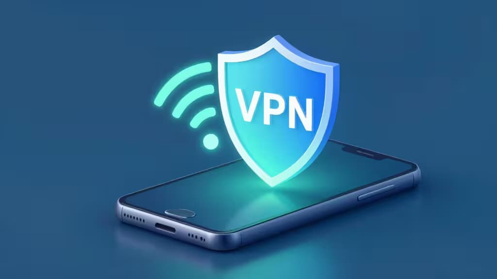 Smartphone die een beveiligd WiFi-signaal uitzendt met een VPN-schild als overlay, in blauwe en turquoise tinten.