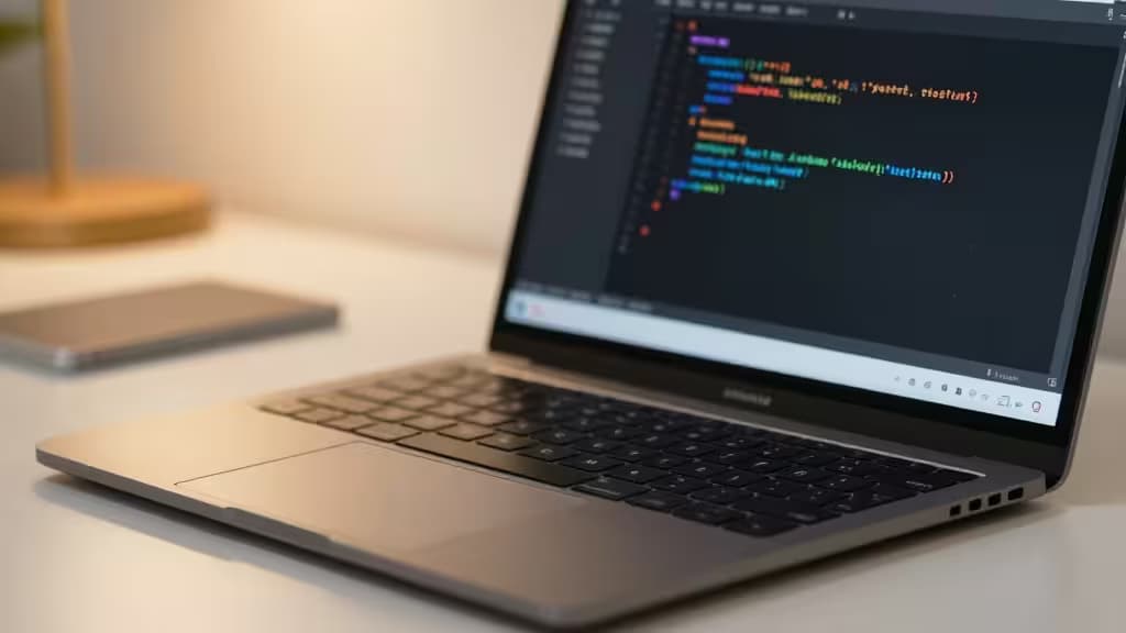 A sleek silver laptop displays Rust code on its screen, positioned on a minimalist desk with soft ambient lighting.