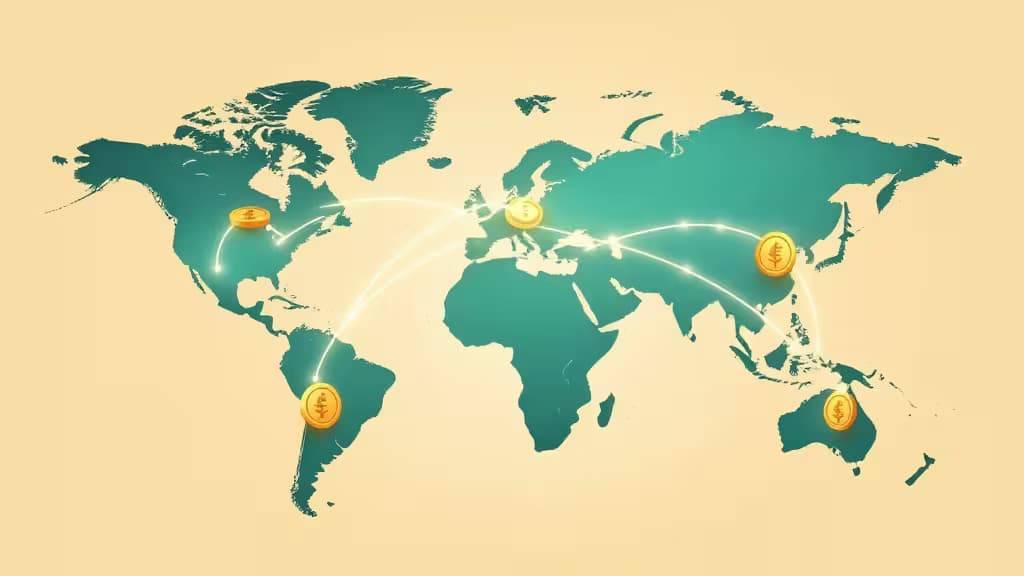 Teal world map with glowing currency coins connected by luminous transfer lines on a beige background.