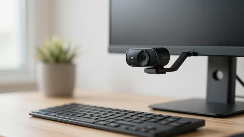 Une webcam 4K noire fixée sur un moniteur, au-dessus d'un clavier sur un bureau en bois