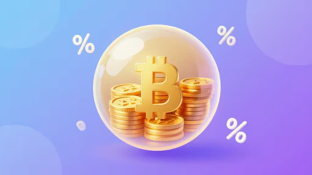 Golden Bitcoin coins and percentage symbols float inside a glowing glass sphere against a soft blue-purple gradient background.