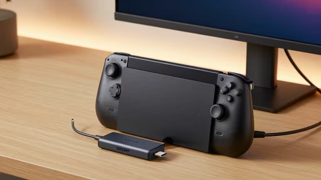 Una Steam Deck negra conectada a un monitor mediante un hub USB-C compacto sobre una mesa de madera.