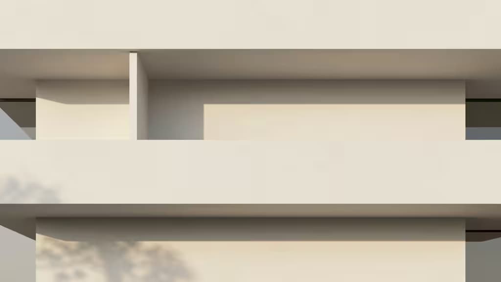 Façade en béton minimaliste avec plans horizontaux superposés et dégradés d'ombres douces, illustrant la visualisation architecturale générée par IA.