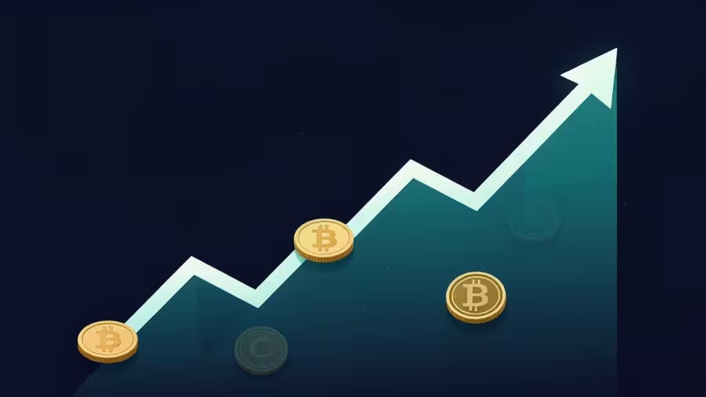 Illustrazione astratta di un grafico di investimento in criptovalute con trend crescente composto da forme geometriche di monete su sfondo blu scuro con accenti turchese e oro
