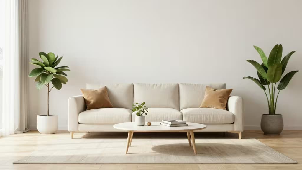 Salon minimaliste avec canapé beige, table basse en bois et plantes vertes, rendu photoréaliste par IA