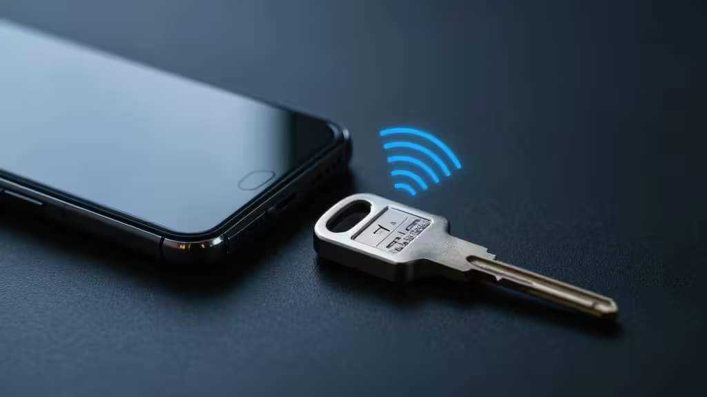 Een smartphone naast een metalen hardware security key met NFC-signalen ertussen, op een donker oppervlak.