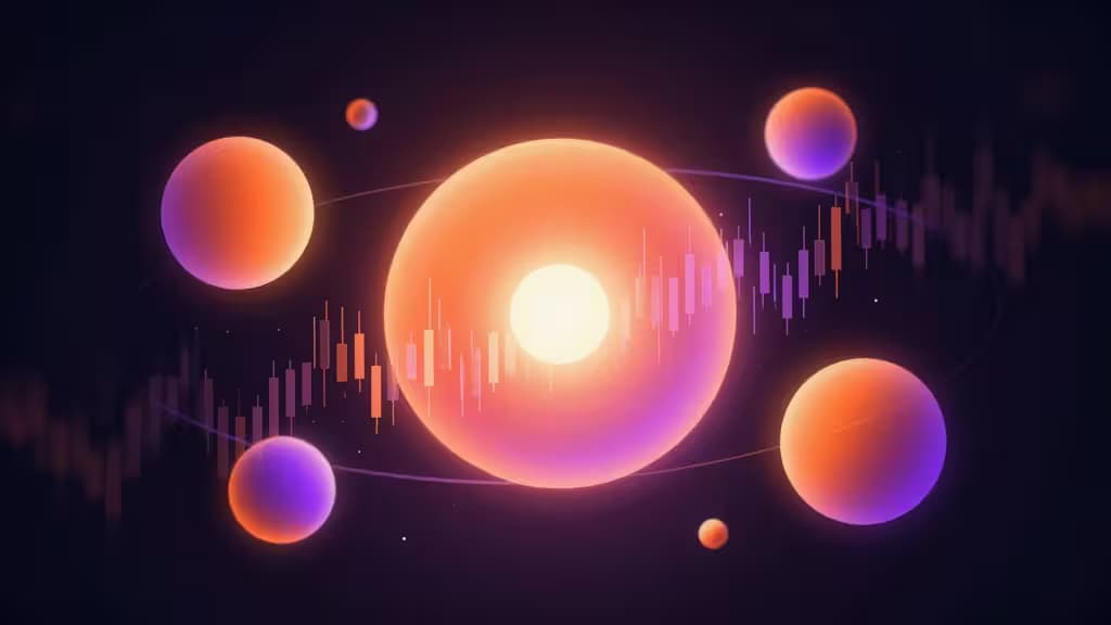 Glowing orange and purple spheres orbit a central bright orb, overlaid with translucent candlestick charts on a dark background.