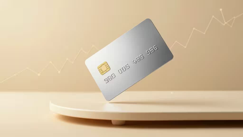 Una elegante tarjeta de crédito plateada flota sobre un escritorio minimalista, simbolizando el crecimiento financiero para startups sin historial crediticio.