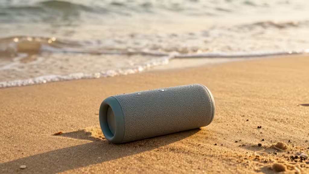 Un altavoz Bluetooth cilíndrico de tela gris descansa sobre arena mojada junto a suaves olas del océano.