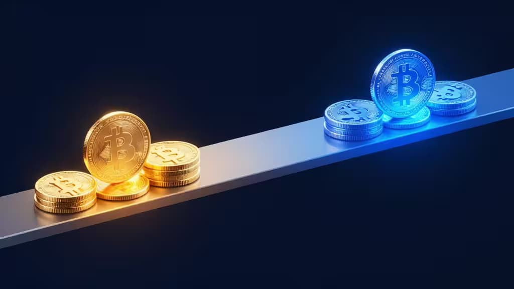 Golden Bitcoin coins transition into glowing blue digital tokens along a sleek, illuminated ramp against a dark background.