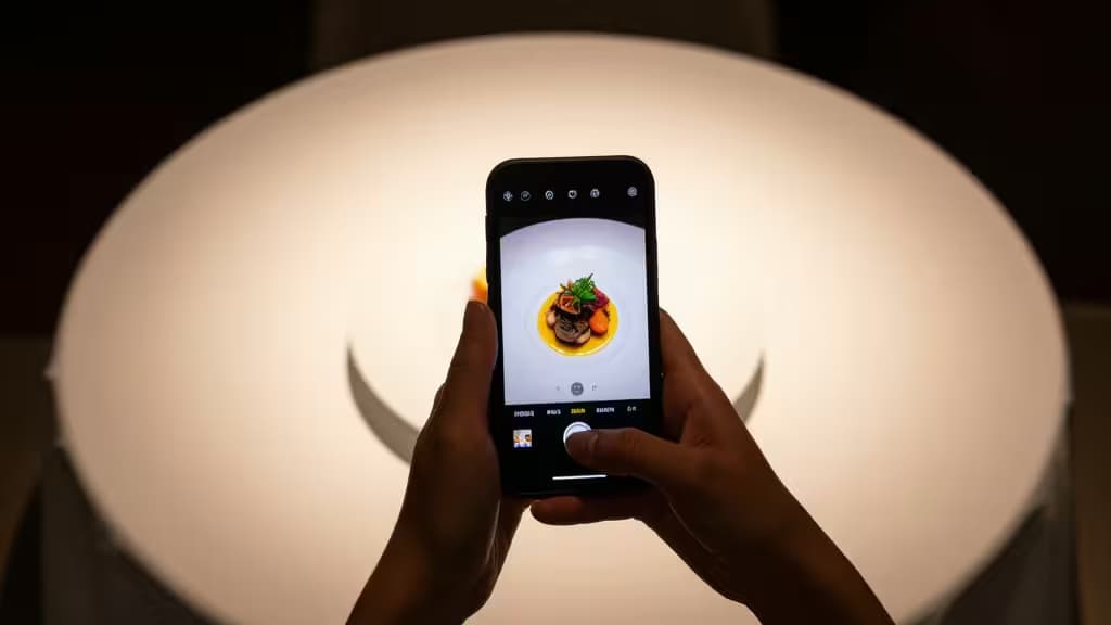 Handen houden een smartphone vast om een mooi opgemaakt gerecht op een helder witte tafel te fotograferen.
