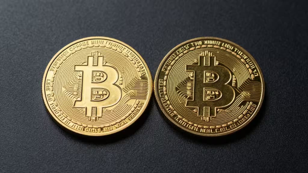 Deux pièces Bitcoin dorées reposant sur une surface sombre, symbolisant les cryptomonnaies et les métaux précieux.