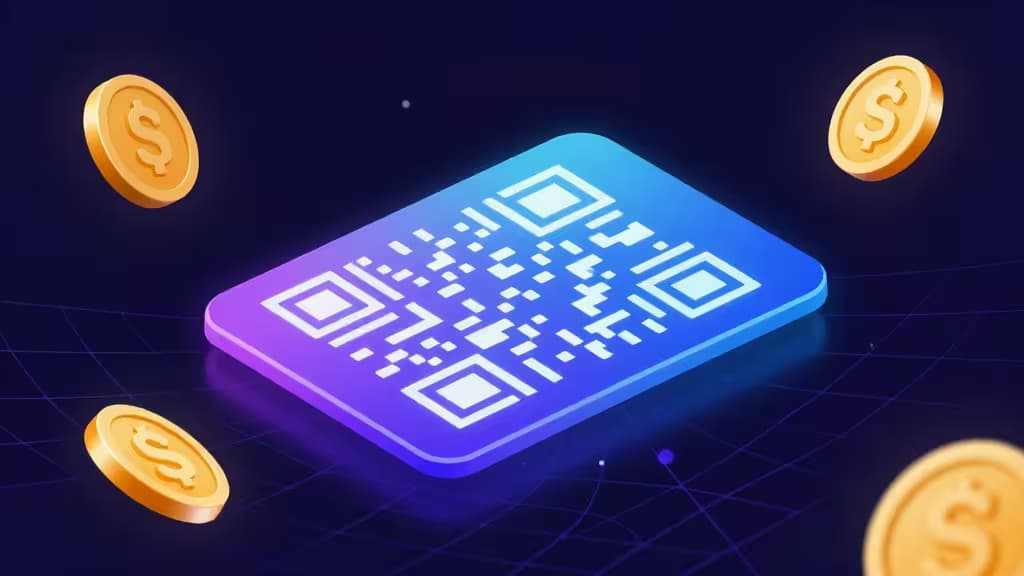 Glowing blue QR code card floats amid golden dollar coins on a dark grid background.