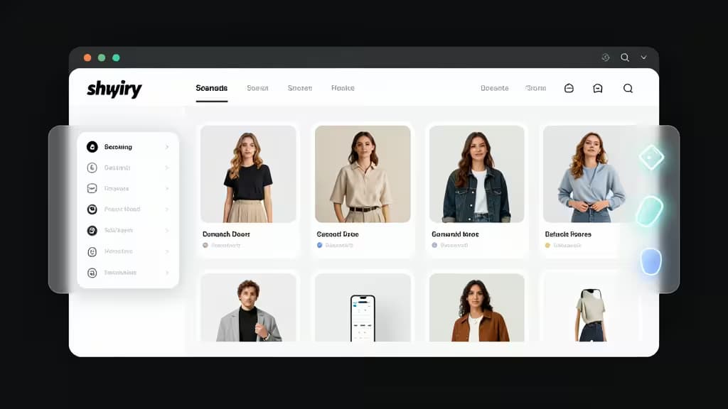 Un panel de control moderno de Shopify muestra imágenes de producto generadas por IA y herramientas de diseño para dueños de tiendas.