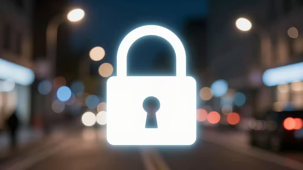 A glowing white padlock icon overlays a blurred city street at night, symbolizing secure online transactions.