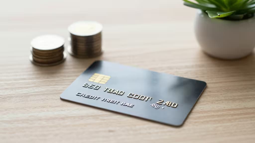 Black credit card with gold text and chip, stacked coins, and potted plant on wooden surface.