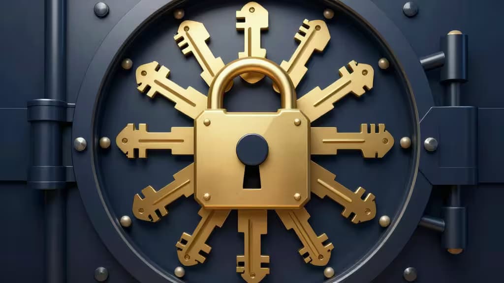 Un lucchetto dorato protetto da dodici chiavi disposte a raggiera su una porta blindata in acciaio scuro simboleggia la sicurezza multisig per tesorerie crypto.