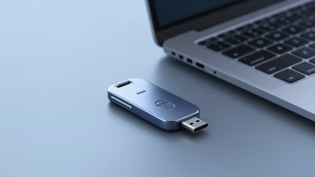 A blue metal FIDO2 security key rests beside a silver laptop on a smooth desk.