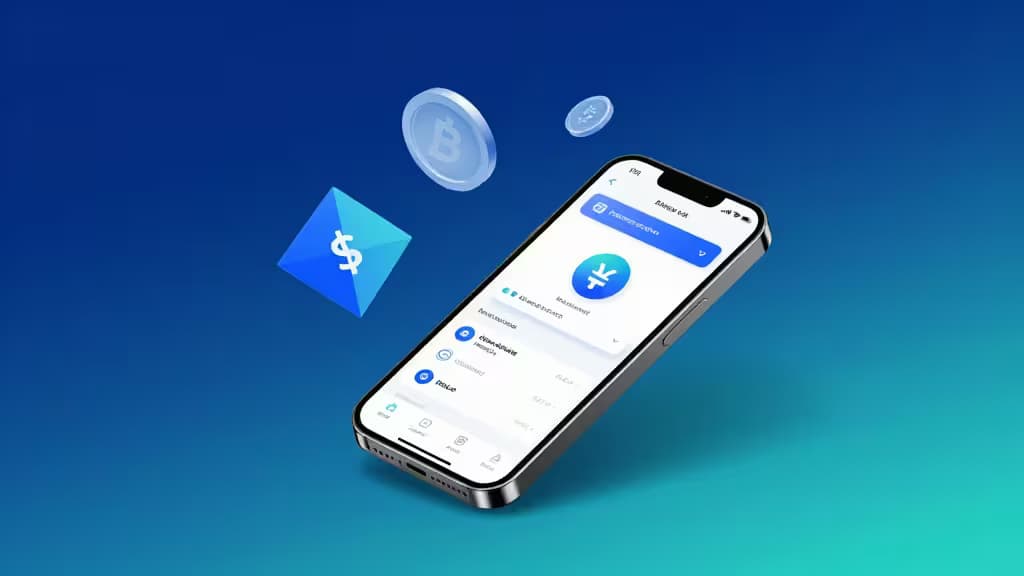 Смартфон отображает панель бизнес-банкинга с плавающими монетами и символом доллара на сине-бирюзовом градиентном фоне.