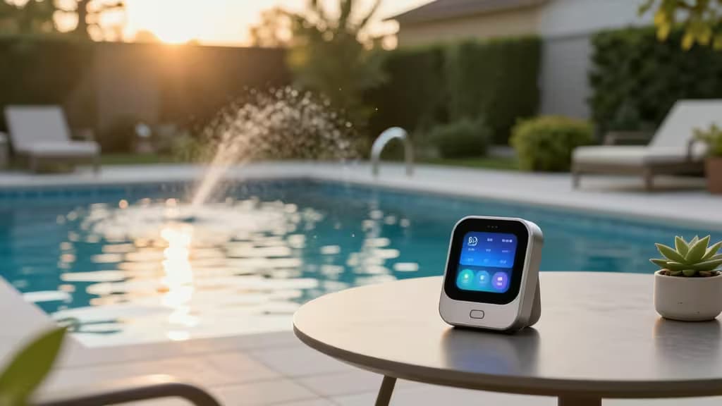 Smart pool controller on patio table beside succulent, overlooking sparkling pool at sunset.