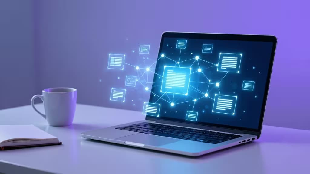 Laptop displays glowing network of documents, symbolizing AI-powered academic literature review tools.