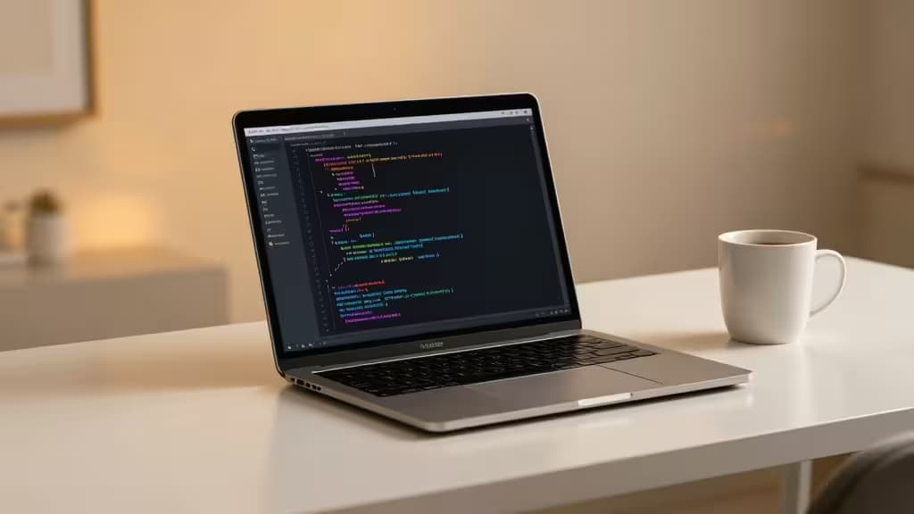 Un laptop elegante mostra una vibrante interfaccia di un AI code editor accanto a una tazza bianca su una scrivania minimalista.