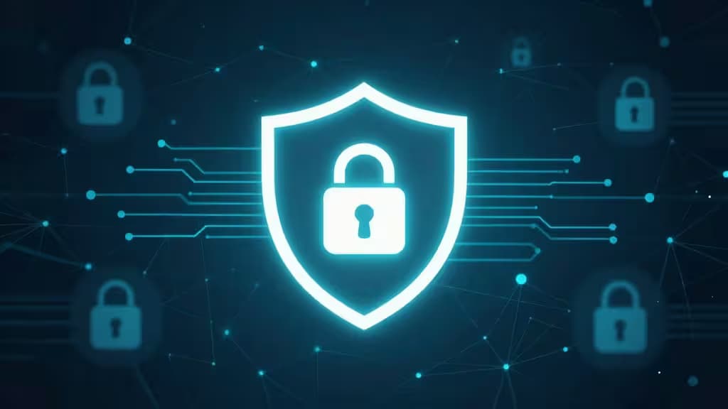 Abstract illustration of a glowing privacy shield over a dark blockchain network mesh with encrypted lock symbols