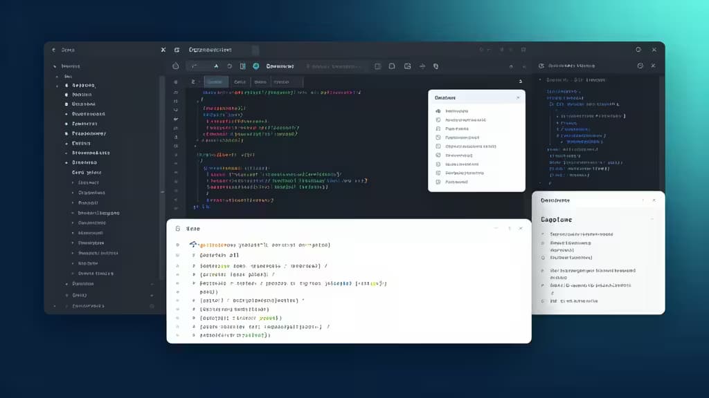 Editor de código em modo escuro exibe scripts com realce de sintaxe ao lado de painéis de documentação flutuantes, ilustrando a integração de ferramentas de API com IA.
