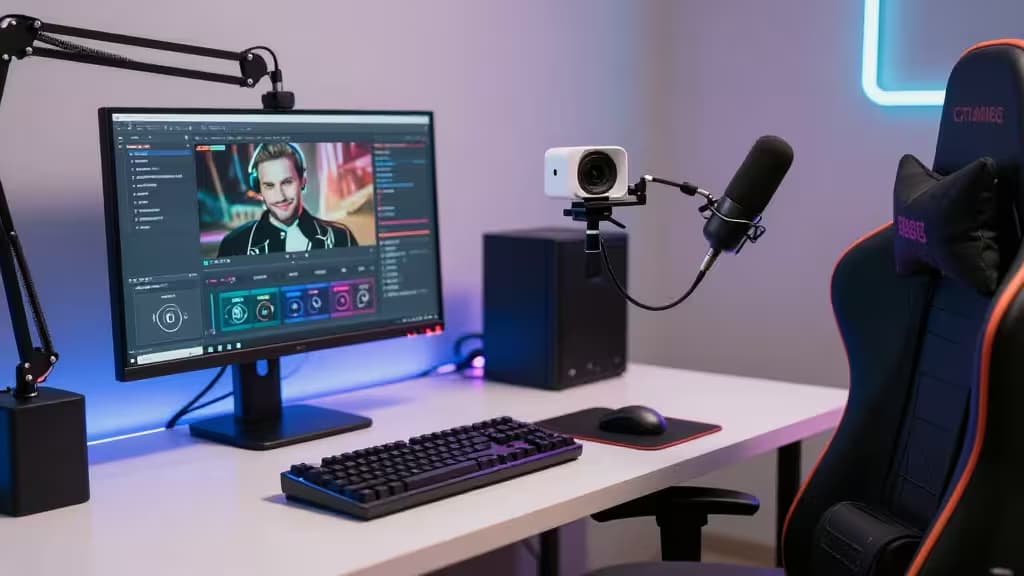 Uma webcam 4K branca montada em um braço articulado ao lado de um monitor, teclado e cadeira gamer, sob iluminação RGB.
