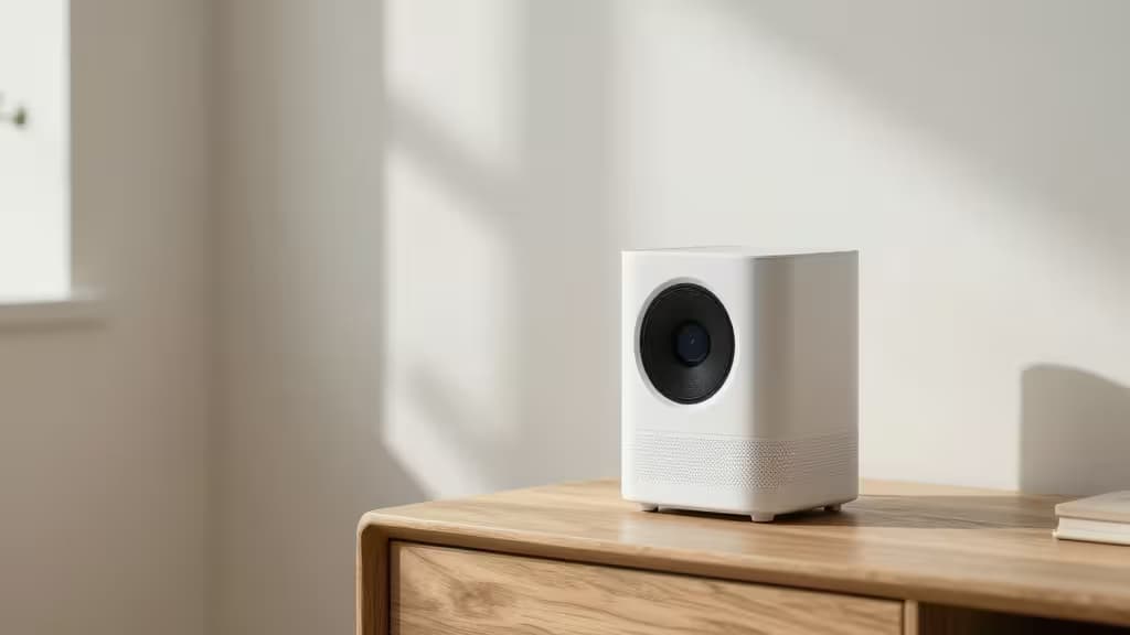 A sleek white air quality monitor sits on a light wood side table in a sunlit minimalist room.